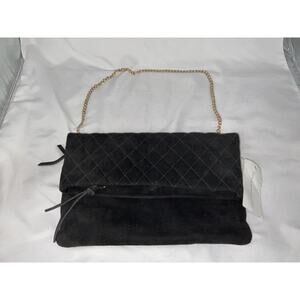 NWT MARMI BLACK SUEDE QUILTED FOLD OVER PURSE HANDBAG CLUTCH GOLD CHAIN